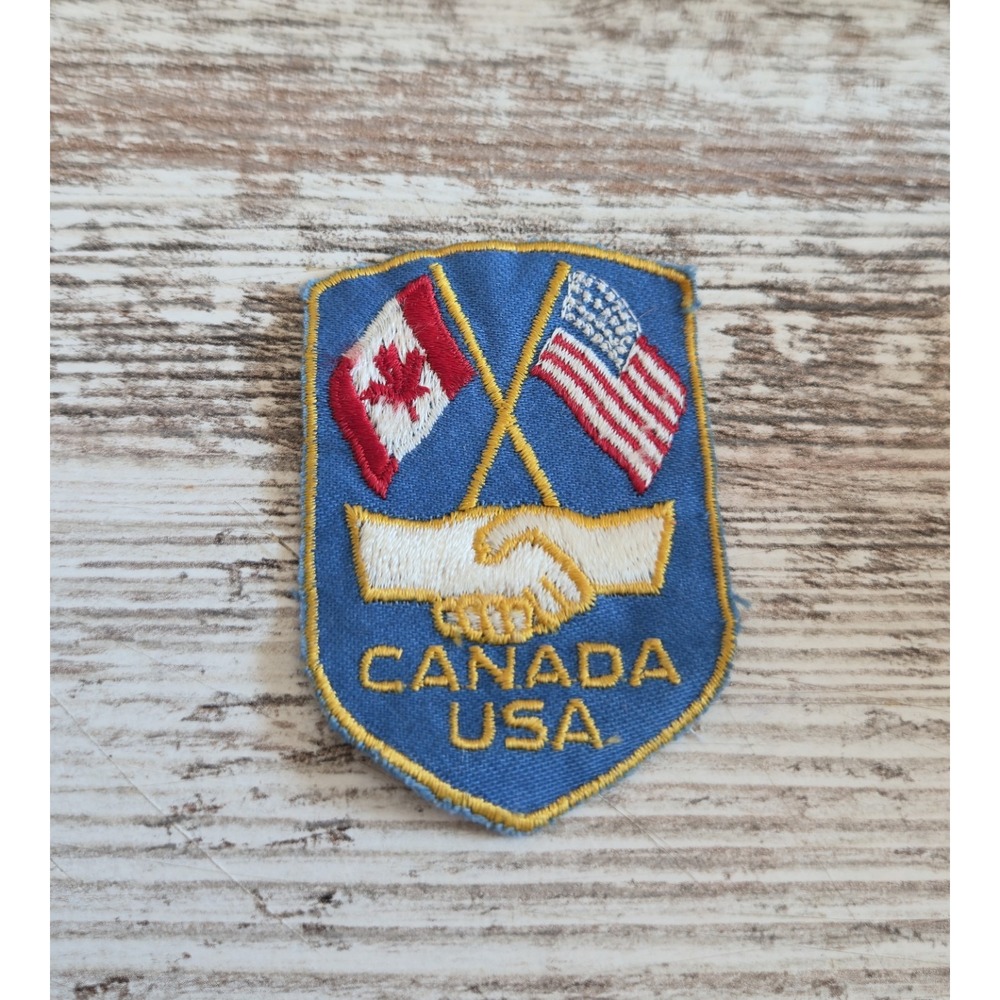 Vintage Canada USA Friendship Handshake Crossed Flags Embroidered Patch Shield